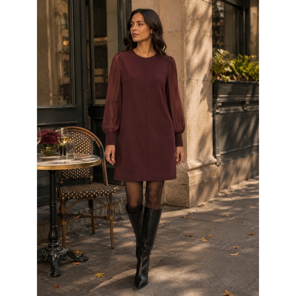 NWT Saint + Sofia The Esme Maroon Zip Front Shift Dress Sheer Sleeve Size 12